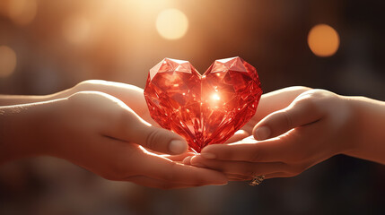 Love, relationship, charity and medicine concept, man hand giving red heart to woman. Generative Ai