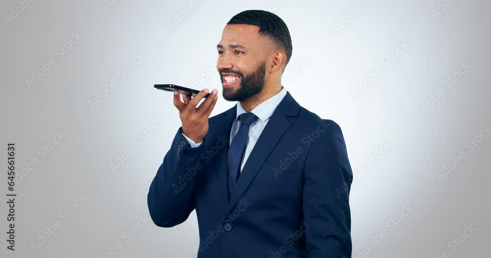 Poster Voice note, business and professional man with phone on call for networking, speaker audio and talk in studio on white background. Communication, person and smile with smartphone for chat and career