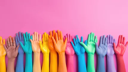 Foto op Canvas Top view diversity composition with different colored paper hands with copy space. Generative Ai © Mukhlesur