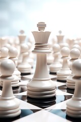 White chess pieces on a chessboard. The concept of board games and the development of logic.