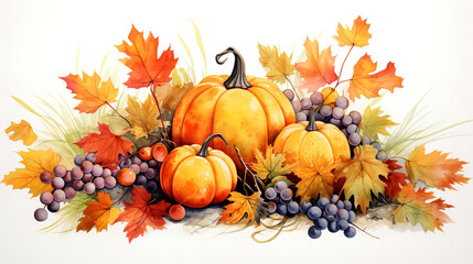 Autumn thanksgiving watercolor clipart white background. Generative Ai