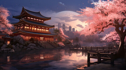 Cherry blossoms in full bloom by a serene temple. AI generative