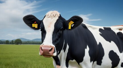 Black and white dairy cow grazing in a meadow