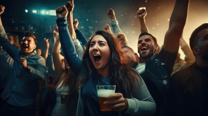 Young people with beer in hands cheer football game together at bar. AI Generated. - Powered by Adobe