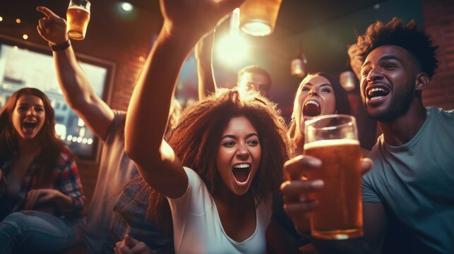 Young people with beer in hands cheer football game together at bar. AI Generated.