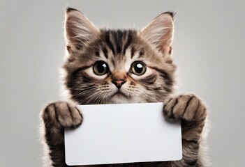 Funny little kitten holds in its paws banner for your advertising on light background, cute cat