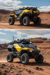 an off-road, all-terrain autonomous vehicle designed for extreme environments, equipped with rugged tires, advanced sensors, and a protective, modular exoskeleton-generative ai