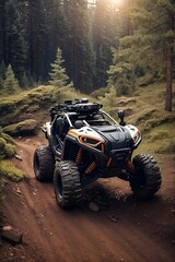 an off-road, all-terrain autonomous vehicle designed for extreme environments, equipped with rugged tires, advanced sensors, and a protective, modular exoskeleton-generative ai