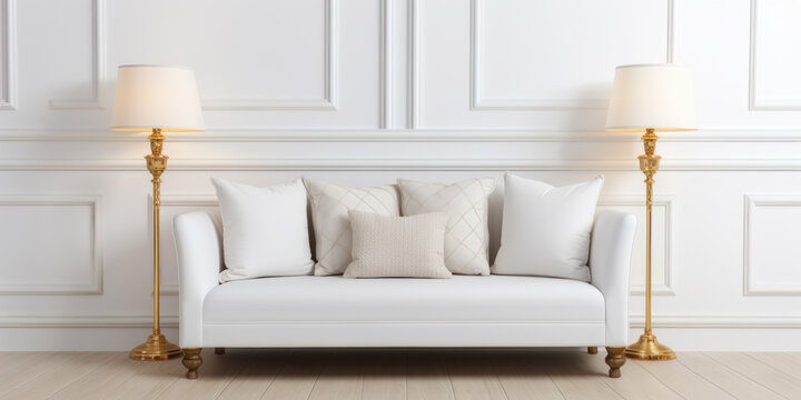 Beautiful expensive white sofa and pillows against a white wall and gold lamps in an empty room.