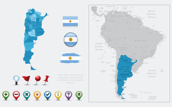 Argentina map, flag and navigation icons. Vector illustration