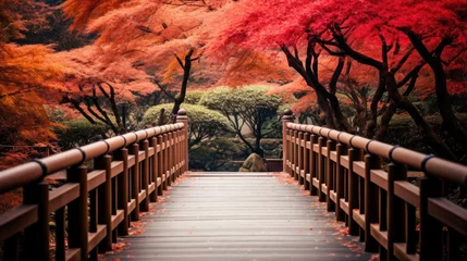 Fototapeten Wooden bridge in the autumn park, Japan autumn season, Kyoto Japan © Sasint