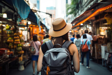 Young Asian traveling backpacker in Khaosan Road outdoor market in Bangkok, Thailand - obrazy, fototapety, plakaty