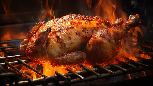 Roasted chicken on the grill, Bright color. Generative Ai