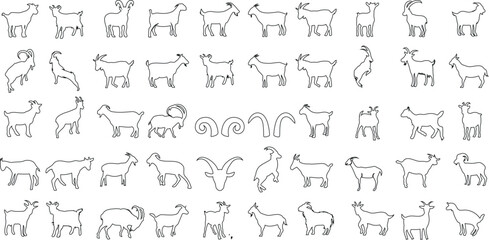 goat vector illustration, line drawings of goat, black and white, simple, cartoon-like style, rows and columns, different body positions, horns, beards