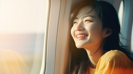 Fototapeta na wymiar Young Asian woman traveler looking view at window in airplane with happiness and relaxing