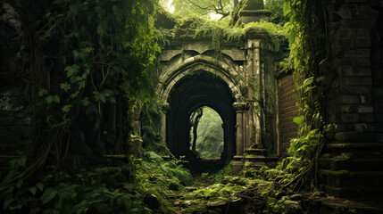 An overgrown ruin or temple reclaimed by nature. AI generative
