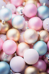 Christmas pastel baubles closeup. Abstract holiday decor background