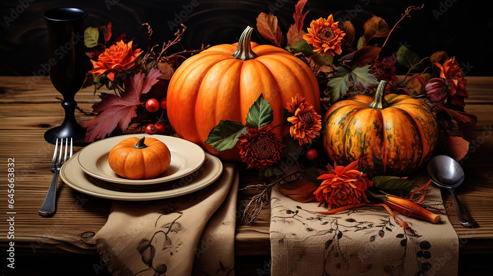 Poster thanksgiving place setting - rustic table with silverware and pumpkins. generative ai