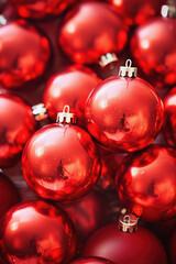 Christmas red baubles close up. Abstract holiday decor background