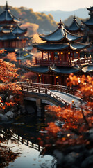 Ancient Chinese City of Zen Temples and Wooden Path Leads to Temple at Golden Hour