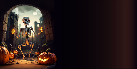 Skeleton dancing in a graveyard surrounded by graves, orange pumpkins. Simple Halloween background with picture on the left side. Free space for copying on the right side. Stylish Halloween.
