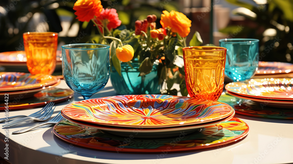 Poster setting the table for outside dinner, bright color. generative ai