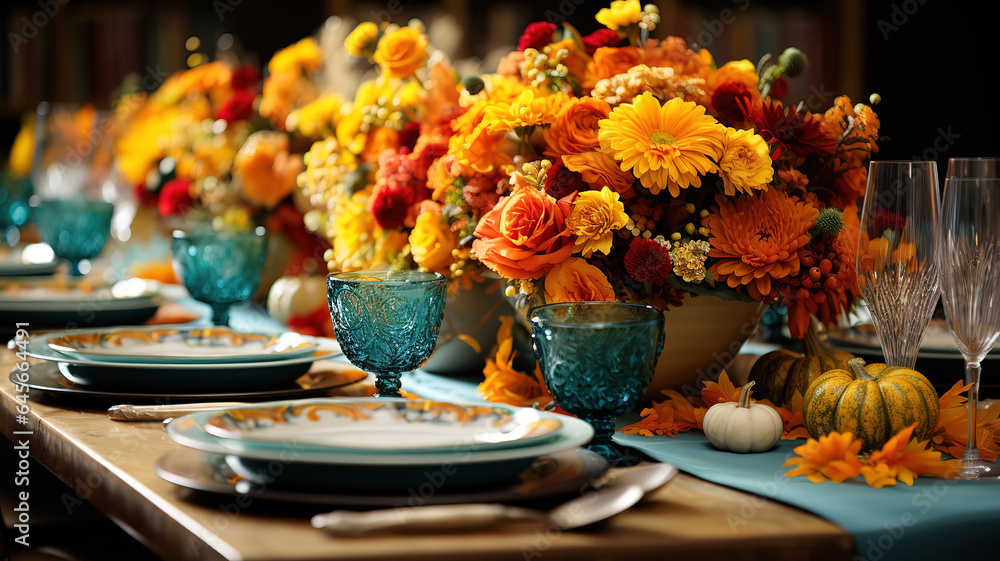 Poster autumn holiday tablescape formal dinner table setting table scape. generative ai