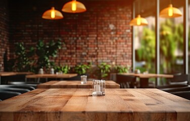Rustic charm. Empty wooden table in vintage cafe. Blurred tabletop in retro diner. Modern elegance. Counter with bokeh lights