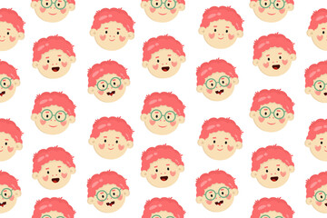 Seamless pattern with cartoon characters of little boy.  Romantic little faces, baby, kids with red or pink hairs on white background