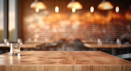 Rustic charm. Empty wooden table in vintage cafe. Blurred tabletop in retro diner. Modern elegance. Counter with bokeh lights