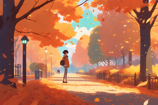 An autumn park with falling leaves. Generative AI.