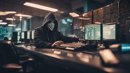 Fototapeta na wymiar dagerous hacker stealing data inside a server room