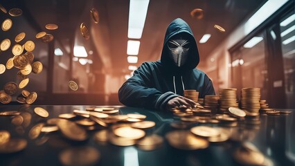 dagerous hacker stealing money inside a server room - obrazy, fototapety, plakaty