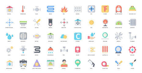 Plumbing & Heating Flat Icons Heater Mechanic Iconset in Color Style 50 Vector Icons