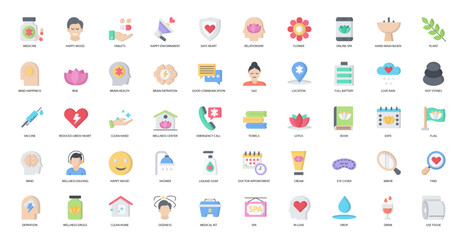 Wellness Spa Flat Icons Mind Happiness Iconset in Color Style 50 Vector Icons