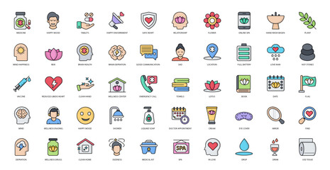 Wellness Spa Color Line Icons Mind Happiness Iconset in Filled Outline Style 50 Vector Icons