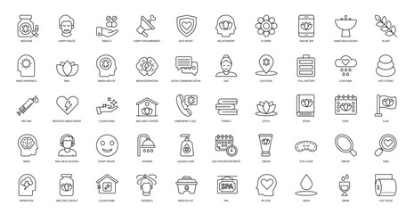 Wellness Spa Thin Line Icons Mind Happiness Iconset in Outline Style 50 Vector Icons in Black	