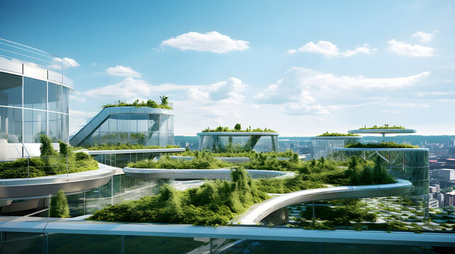 Modern buildings covered with green plants. Eco-friendly architecture, ecological construction, habitat preservation and urban reforestation concepts