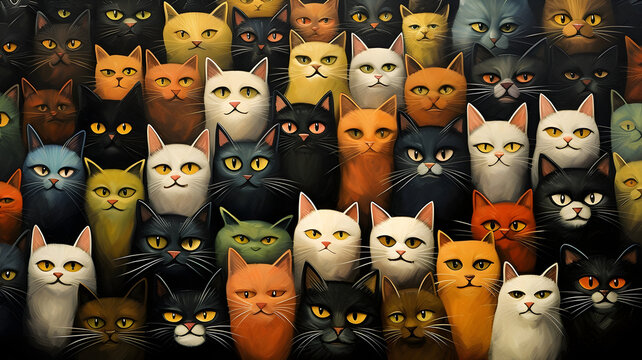 Lovely and cute group of many happy cats smiling