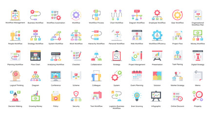 Workflow Flat Icons Business Hierarchy Process Iconset in Color Style 50 Vector Icons