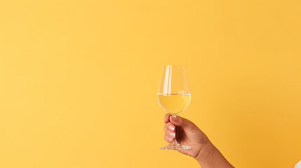 Woman holding glass of wine on color background, closeup. Space for text