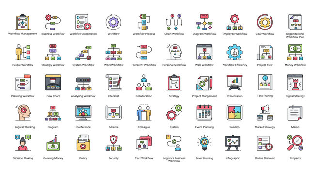 Workflow Color Line Icons Business Hierarchy Process Iconset in Filled Outline Style 50 Vector Icons