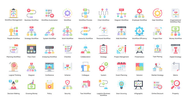 Workflow Flat Icons Business Hierarchy Process Iconset in Color Style 50 Vector Icons