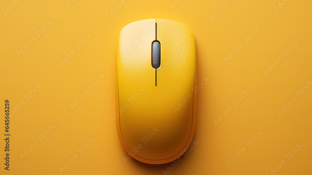 Poster mouse beside keyboard yellow color on yellow background top view. generative ai