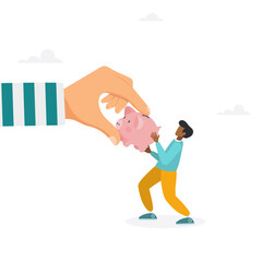 Fraud and theft of savings. The guy snatches the piggy bank from the hands of the thief. Modern vector illustration in flat style
