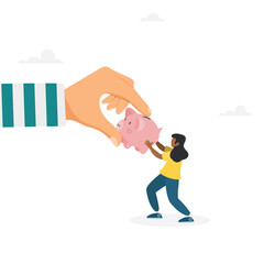 Fraud and theft of savings. The girl snatches the piggy bank from the hands of the thief. Modern vector illustration in flat style
