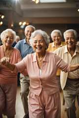 Candid capture of a joyful group of seniors showing vitality while dancing, highlights companionship and active lifestyle in retirement. Image created using artificial intelligence.