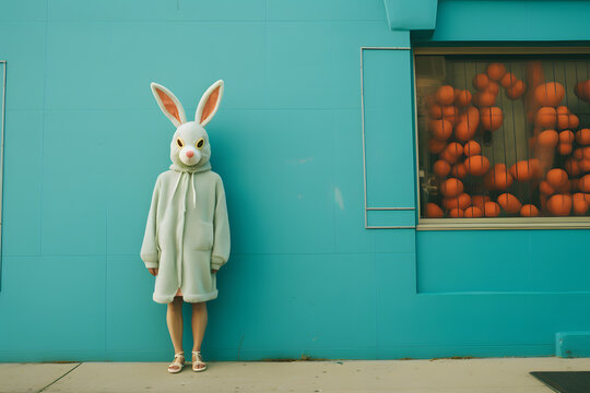 Woman in bunny head  mask head standing on street, photo-realistic hyperbole