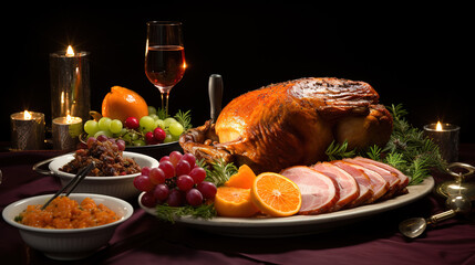 Homemade Christmas Ham Dinner, Bright color. Generative Ai