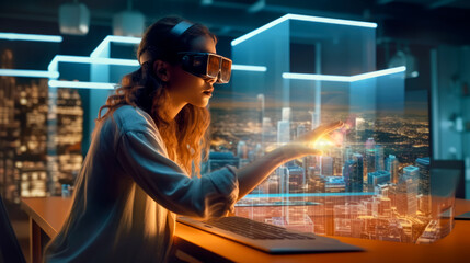 Girl plays or works with virtual reality glasses on the hologram a city. Young woman makes a virtual visit in augmented reality in the living room of her house, Generative Ai